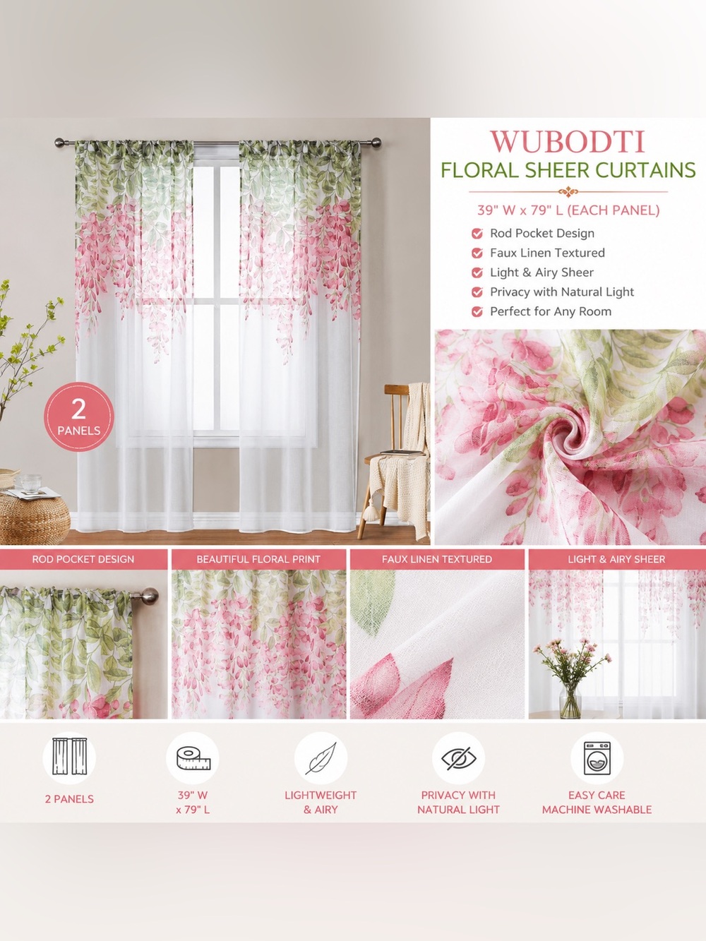 WUBODTI Floral Sheer Curtain Panels 2-Pack 39” x 79” – Pink or Blue – Rod Pocket - Picture 2 of 2